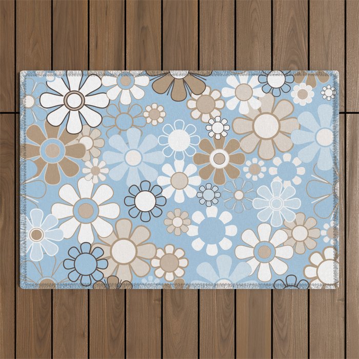 Floral Retro Garden Flower Pattern in Ice Blue Outdoor Rug Gallery Image 1