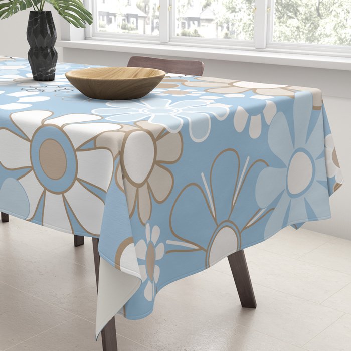 Floral Retro Garden Flower Pattern in Ice Blue Tablecloth Gallery Image 3