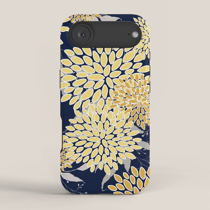 Floral Leaves and Blooms, Yellow and Navy Blue iPhone Case Gallery Image 2