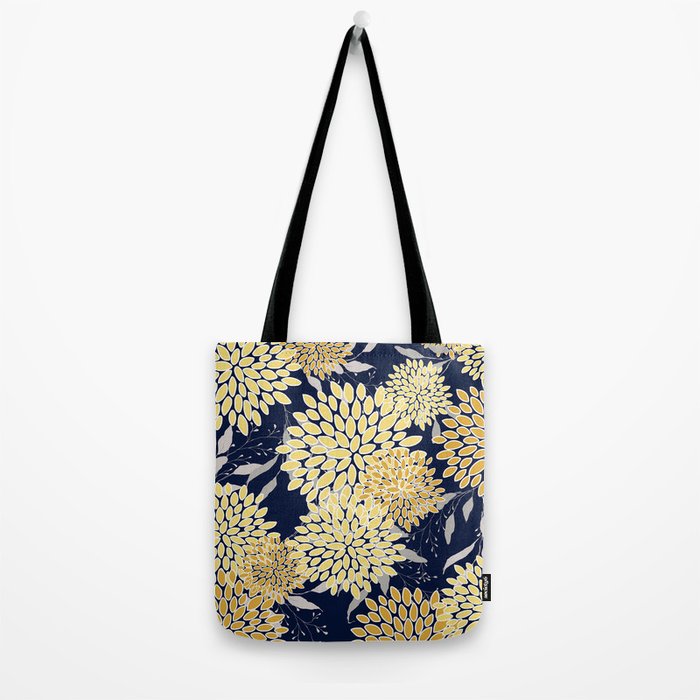 Floral Leaves and Blooms, Yellow and Navy Blue Tote Bag Gallery Image 2