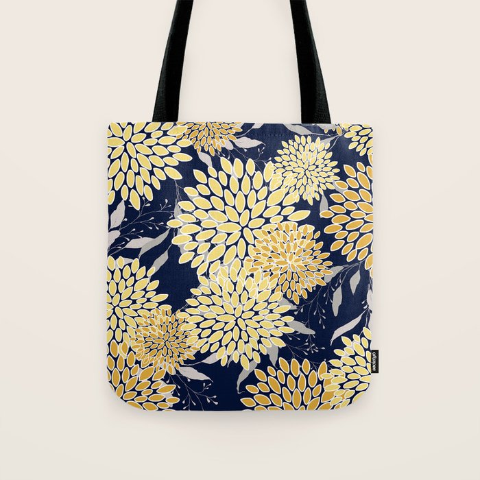 Floral Leaves and Blooms, Yellow and Navy Blue Tote Bag Gallery Image 1