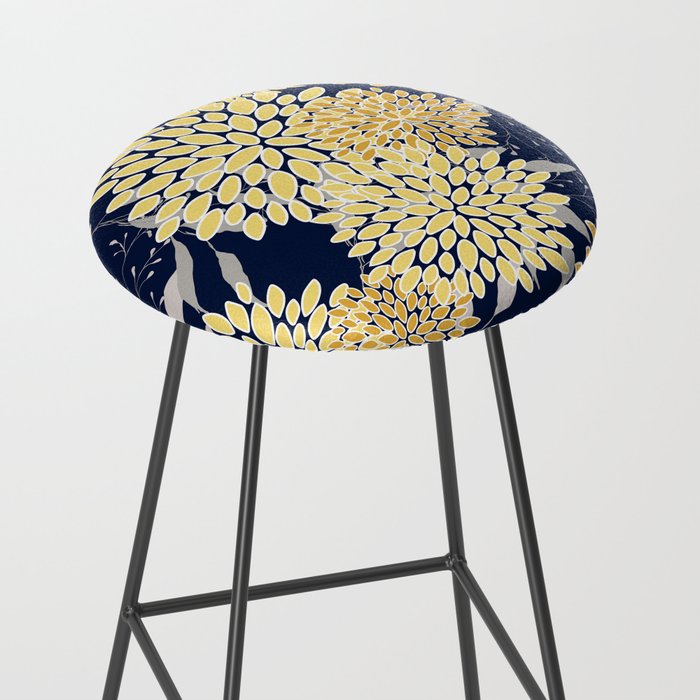 Floral Leaves and Blooms, Yellow and Navy Blue Stool Gallery Image 2