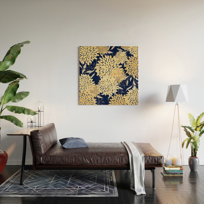 Floral Leaves and Blooms, Yellow and Navy Blue Wood Wall Art Gallery Image 2
