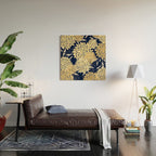 Floral Leaves and Blooms, Yellow and Navy Blue Wood Wall Art Gallery Image 2