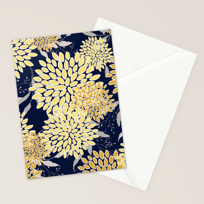 Floral Leaves and Blooms, Yellow and Navy Blue Stationery Card Gallery Image 2