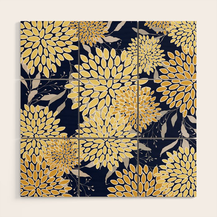 Floral Leaves and Blooms, Yellow and Navy Blue Wood Wall Art Gallery Image 1