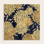 Floral Leaves and Blooms, Yellow and Navy Blue Wood Wall Art Gallery Image 1