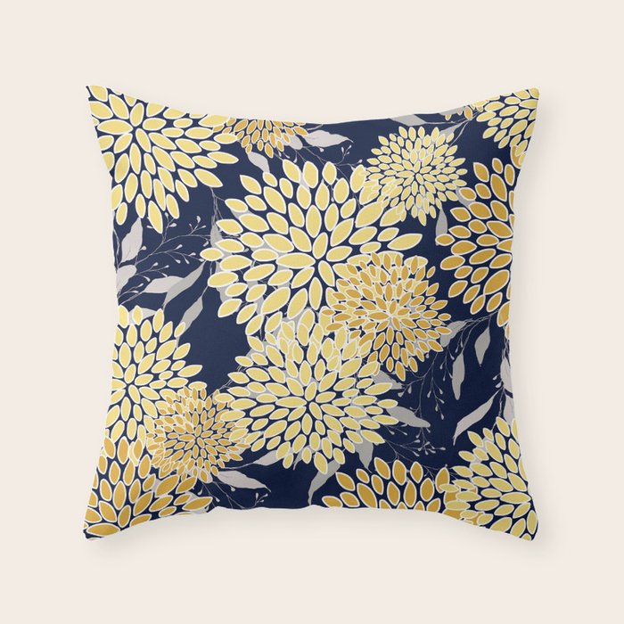 Floral Leaves and Blooms, Yellow and Navy Blue Throw Pillow Gallery Image 6