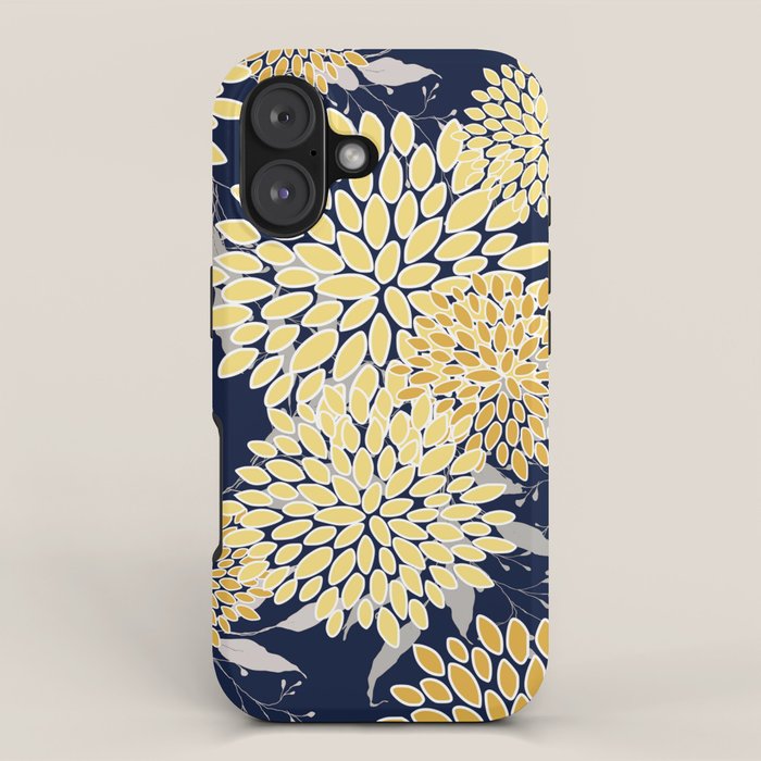 Floral Leaves and Blooms, Yellow and Navy Blue iPhone Case Gallery Image 1