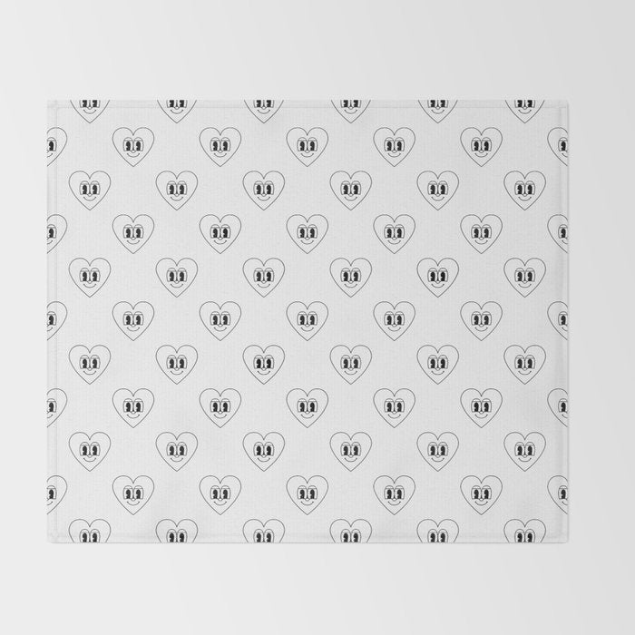 Black and white retro love heart cartoon pattern Throw Blanket Gallery Image 2