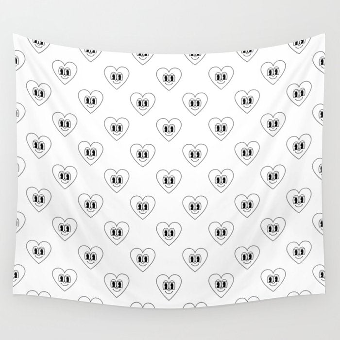 Black and white retro love heart cartoon pattern Wall Tapestry Gallery Image 4