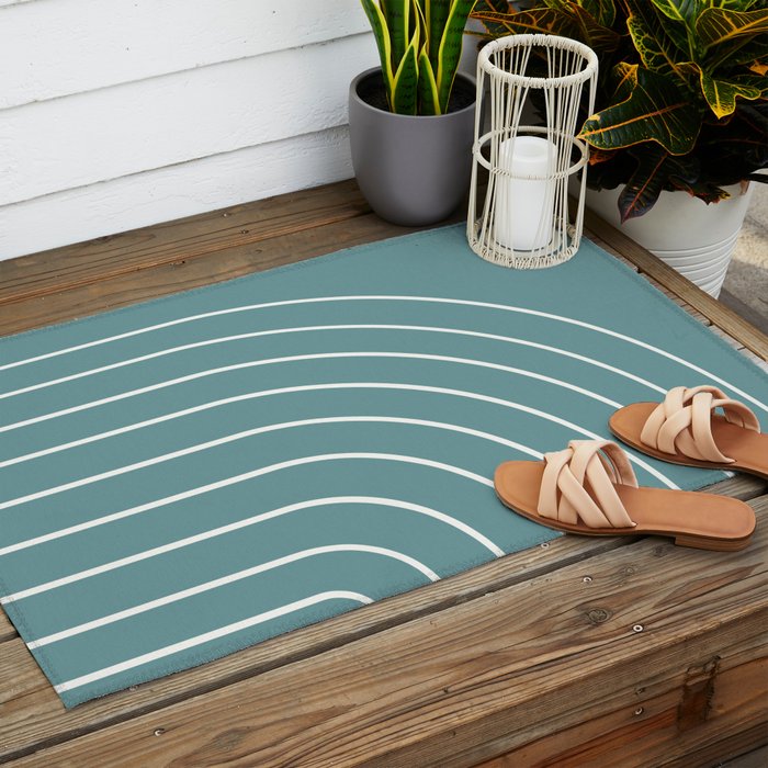 Minimal Arch XXIV Beachy Teal Modern Geometric Lines Outdoor Rug Gallery Image 2