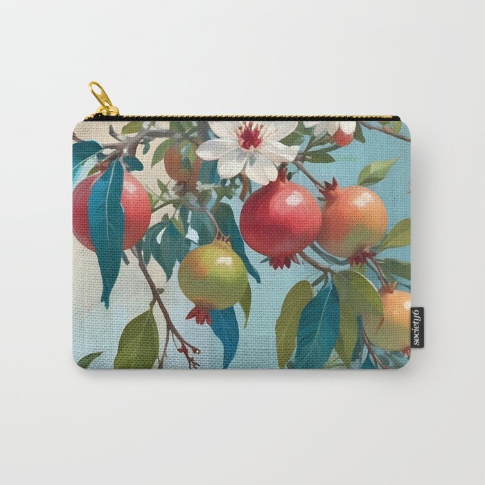Pomegranate Sweetness, Botanical Vintage Illustration, Jungle Forest Plants Fruits, Food Blossom Garden Painting Carry All Pouch Gallery Image 1