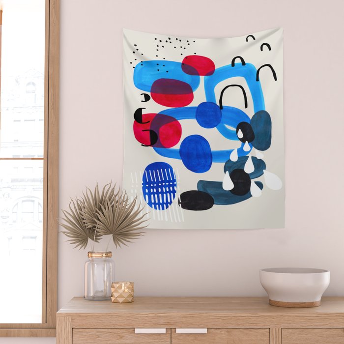Mid Century Modern Abstract Colorful Art Patterns Ocean Blue Turquoise Grey Wall Tapestry Gallery Image 2