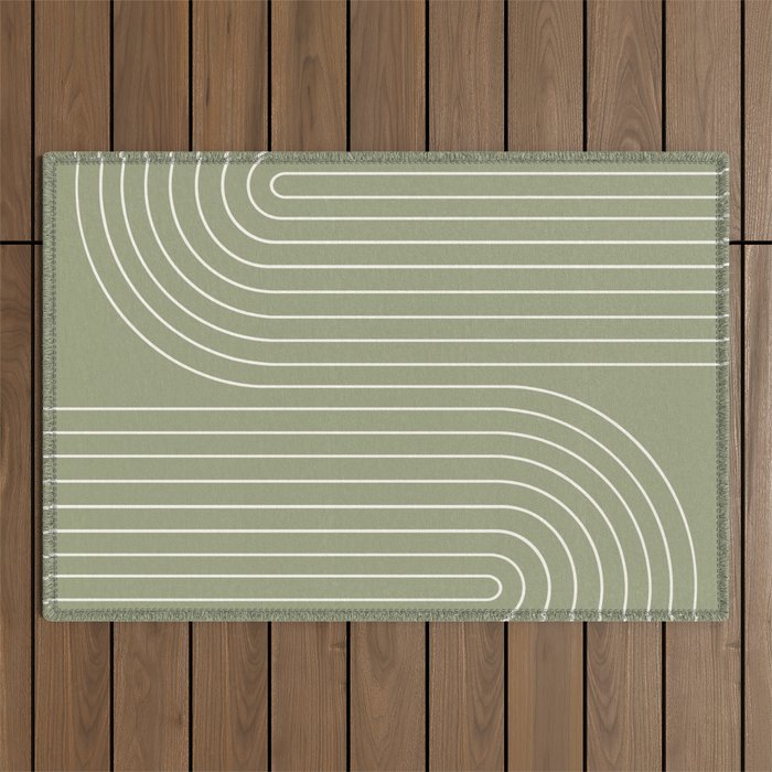 Minimal Line Curvature LXXXII Earthy Sage Green Mid Century Modern Arch Abstract Outdoor Rug Gallery Image 1