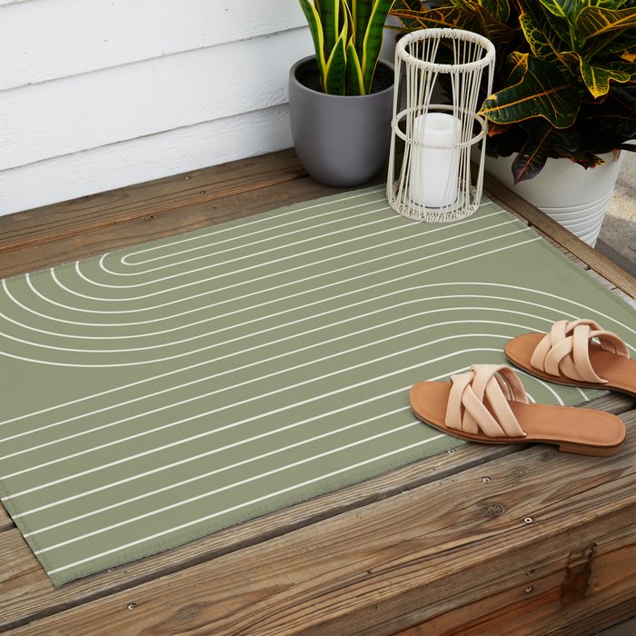 Minimal Line Curvature LXXXII Earthy Sage Green Mid Century Modern Arch Abstract Outdoor Rug Gallery Image 2
