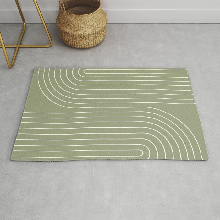 Minimal Line Curvature LXXXII Earthy Sage Green Mid Century Modern Arch Abstract Rug Gallery Image 1