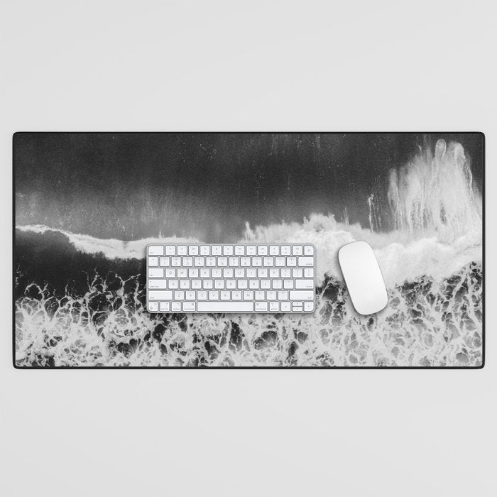 Surfer girls from above in Ericeira Portugal | Ocean wanderlust photography black and white print Desk Mat Gallery Image 1