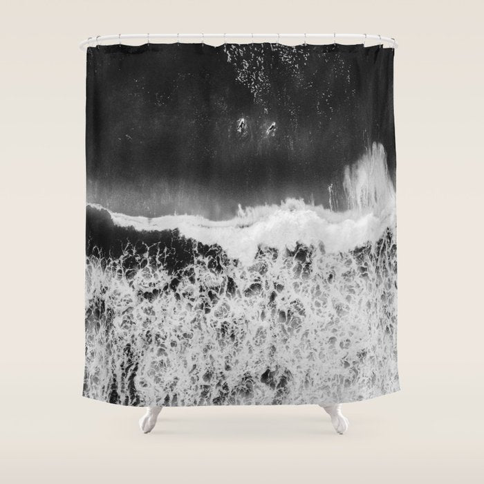Surfer girls from above in Ericeira Portugal | Ocean wanderlust photography black and white print Shower Curtain Gallery Image 1