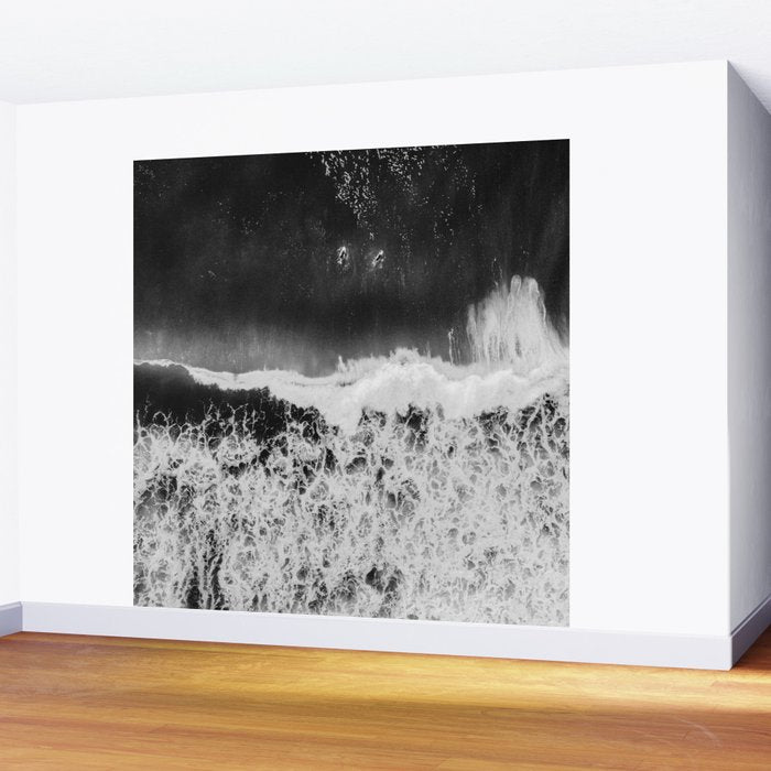 Surfer girls from above in Ericeira Portugal | Ocean wanderlust photography black and white print Wall Mural Gallery Image 2