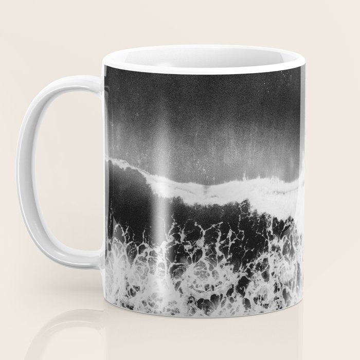 Surfer girls from above in Ericeira Portugal | Ocean wanderlust photography black and white print Coffee Mug Gallery Image 3