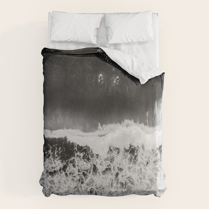 Surfer girls from above in Ericeira Portugal | Ocean wanderlust photography black and white print Duvet Cover Gallery Image 6