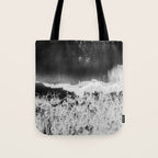 Surfer girls from above in Ericeira Portugal | Ocean wanderlust photography black and white print Tote Bag Gallery Image 1