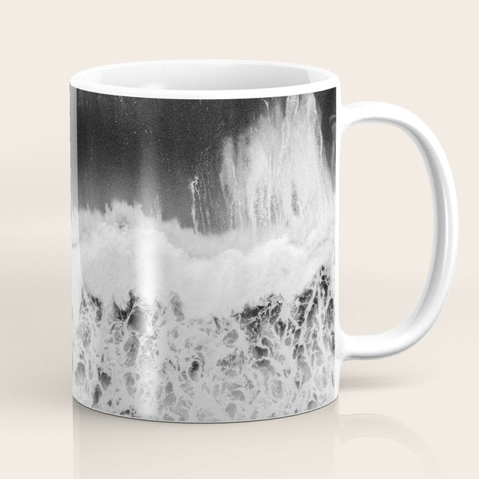 Surfer girls from above in Ericeira Portugal | Ocean wanderlust photography black and white print Coffee Mug Gallery Image 1