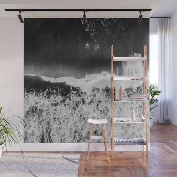 Surfer girls from above in Ericeira Portugal | Ocean wanderlust photography black and white print Wall Mural Gallery Image 1