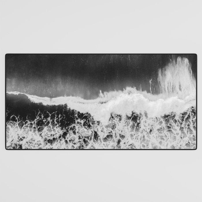 Surfer girls from above in Ericeira Portugal | Ocean wanderlust photography black and white print Desk Mat Gallery Image 3