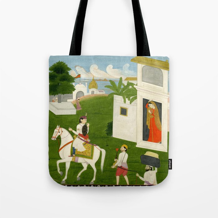  Painting. Love. A prince on a horse with attendants, taking leave of a lady. Indian Art Painted on paper.  Tote Bag Gallery Image 1