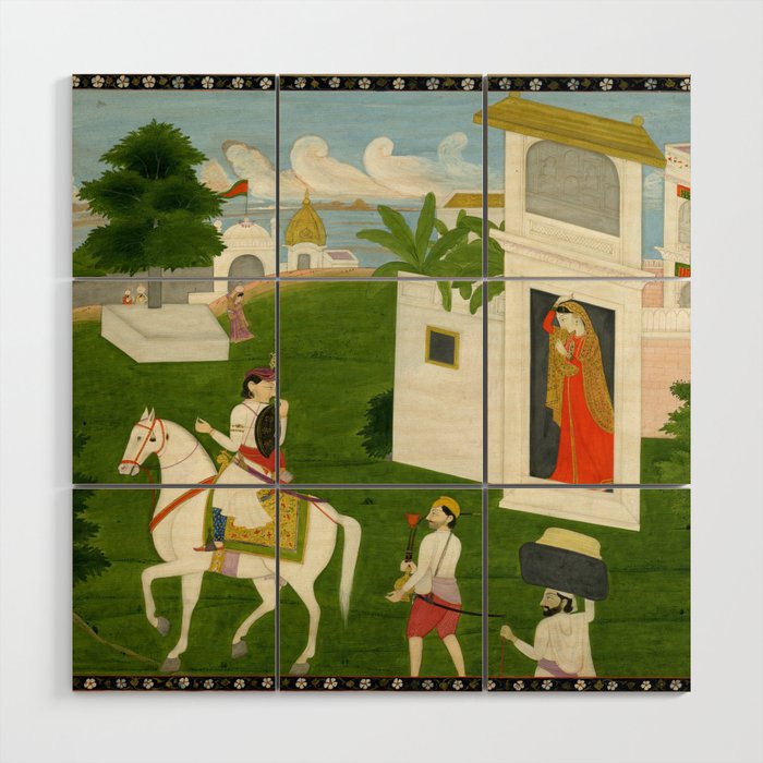  Painting. Love. A prince on a horse with attendants, taking leave of a lady. Indian Art Painted on paper.  Wood Wall Art Gallery Image 1