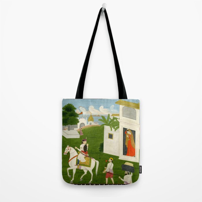 Painting. Love. A prince on a horse with attendants, taking leave of a lady. Indian Art Painted on paper.  Tote Bag Gallery Image 2