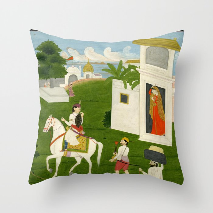  Painting. Love. A prince on a horse with attendants, taking leave of a lady. Indian Art Painted on paper.  Throw Pillow Gallery Image 1