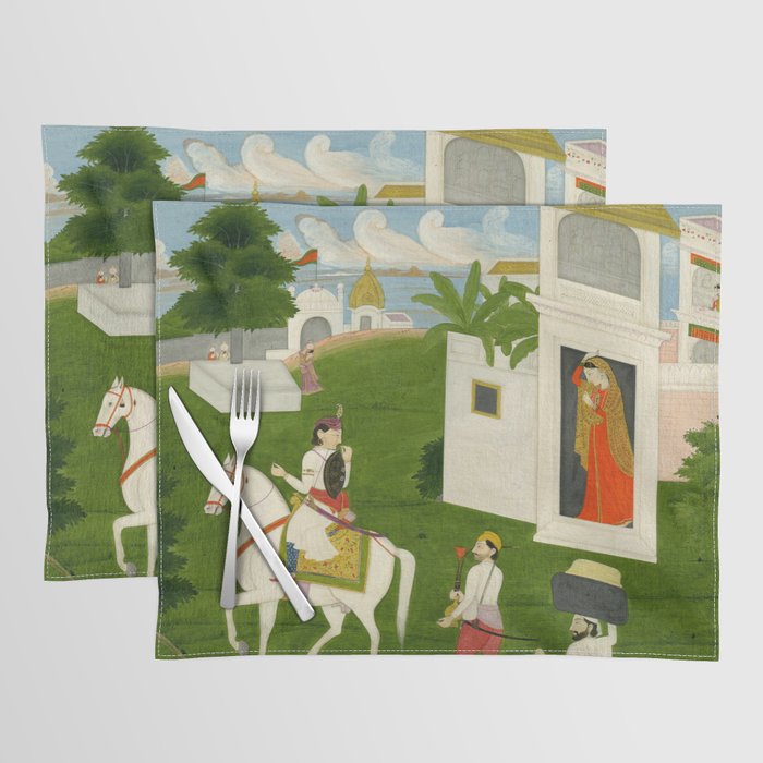  Painting. Love. A prince on a horse with attendants, taking leave of a lady. Indian Art Painted on paper.  Placemat Gallery Image 1
