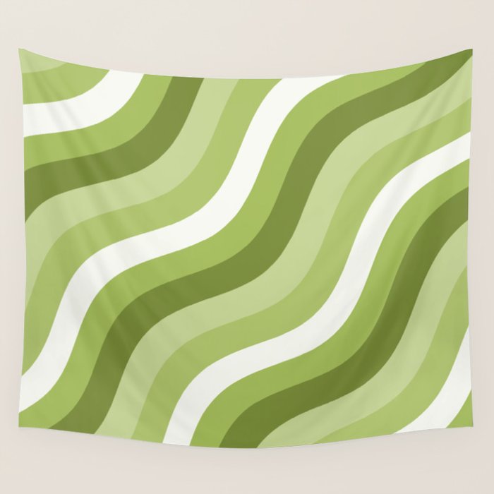 Sage and Olive Green Wobbly Pop Stripes Diagonal Pattern Wall Tapestry Gallery Image 4