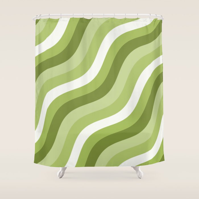 Sage and Olive Green Wobbly Pop Stripes Diagonal Pattern Shower Curtain Gallery Image 1