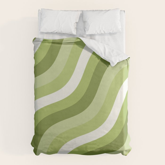 Sage and Olive Green Wobbly Pop Stripes Diagonal Pattern Duvet Cover Gallery Image 1