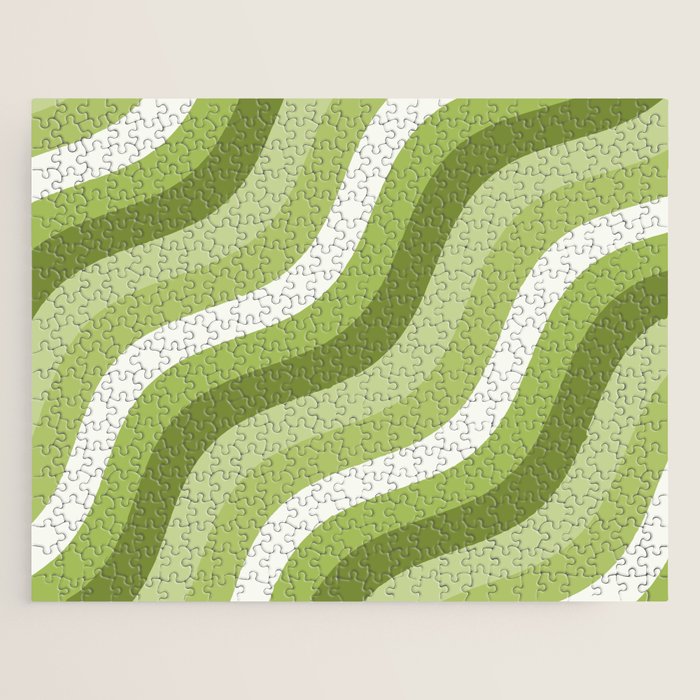 Sage and Olive Green Wobbly Pop Stripes Diagonal Pattern Jigsaw Puzzle Gallery Image 1
