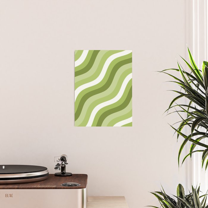 Sage and Olive Green Wobbly Pop Stripes Diagonal Pattern Poster Gallery Image 2