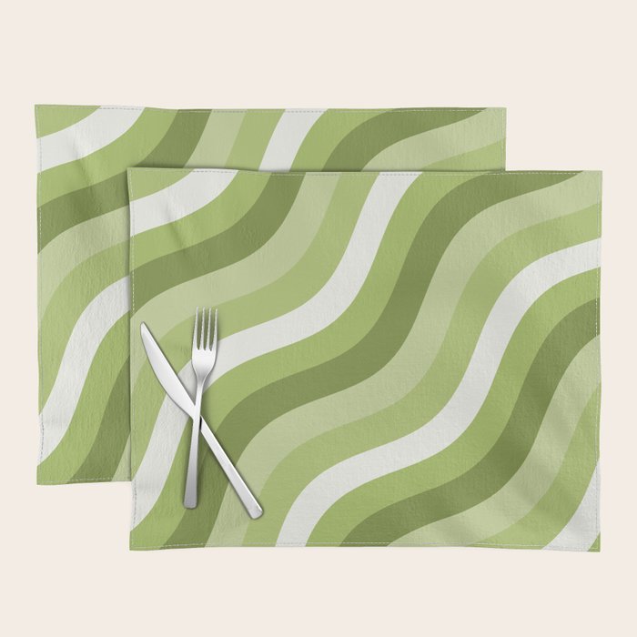 Sage and Olive Green Wobbly Pop Stripes Diagonal Pattern Placemat Gallery Image 1