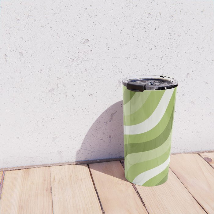 Sage and Olive Green Wobbly Pop Stripes Diagonal Pattern Travel Mug Gallery Image 4