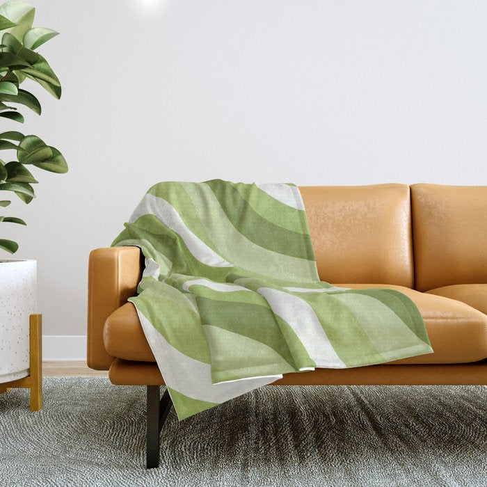 Sage and Olive Green Wobbly Pop Stripes Diagonal Pattern Throw Blanket Gallery Image 1