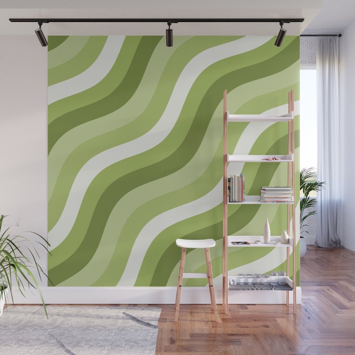 Sage and Olive Green Wobbly Pop Stripes Diagonal Pattern Wall Mural Gallery Image 1