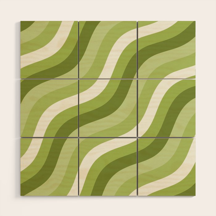 Sage and Olive Green Wobbly Pop Stripes Diagonal Pattern Wood Wall Art Gallery Image 1