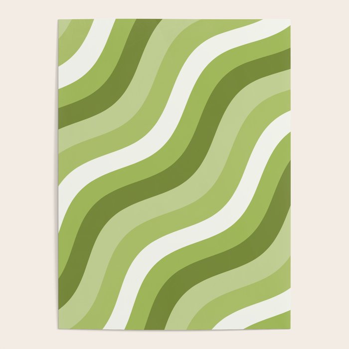 Sage and Olive Green Wobbly Pop Stripes Diagonal Pattern Poster Gallery Image 4