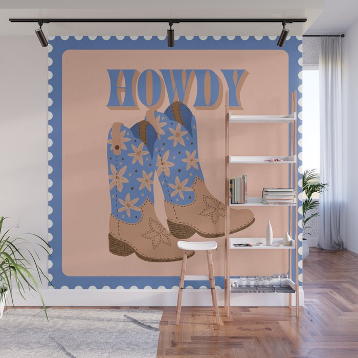 Howdy Cowgirl - Blue & Peach Wall Mural Gallery Image 1