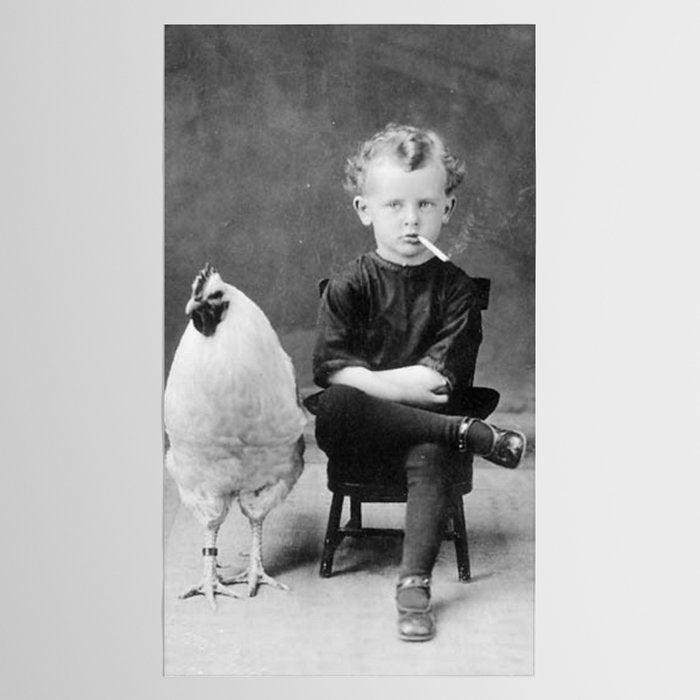 Smoking Boy with Chicken black and white photograph - photography - photographs Tablecloth Gallery Image 2