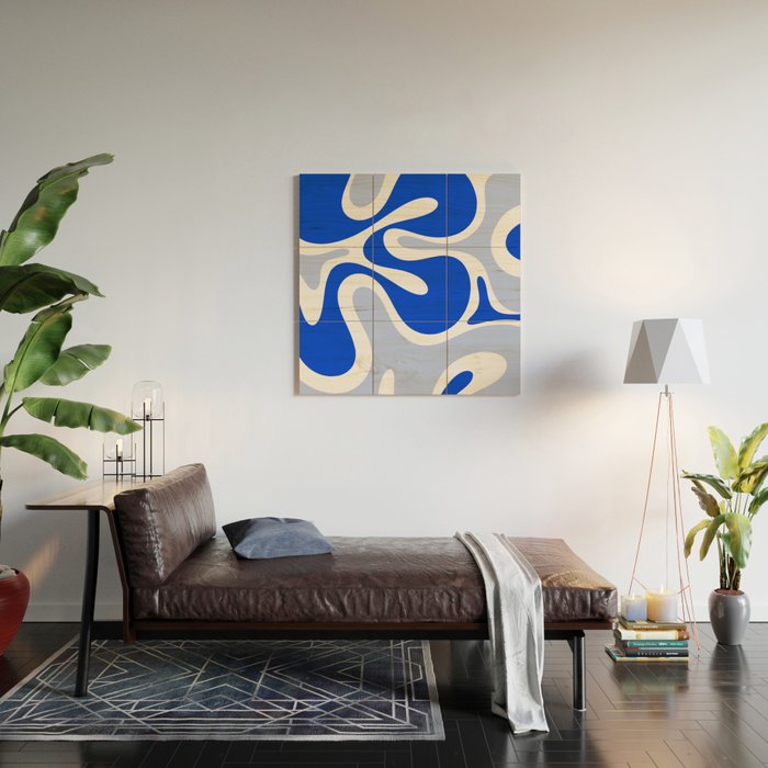 Royal Blue Smooth Contours Retro Contemporary Abstract Pattern with Light Blue Wood Wall Art Gallery Image 2