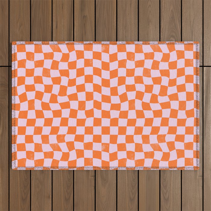 Warped Checkerboard - Orange and Pink Outdoor Rug Gallery Image 1